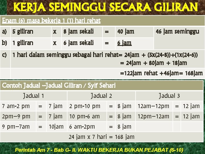 KERJA SEMINGGU SECARA GILIRAN Enam (6) masa bekerja 1 (1) hari rehat a) 5