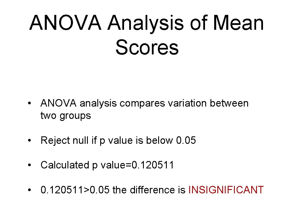ANOVA Analysis of Mean Scores • ANOVA analysis compares variation between two groups •