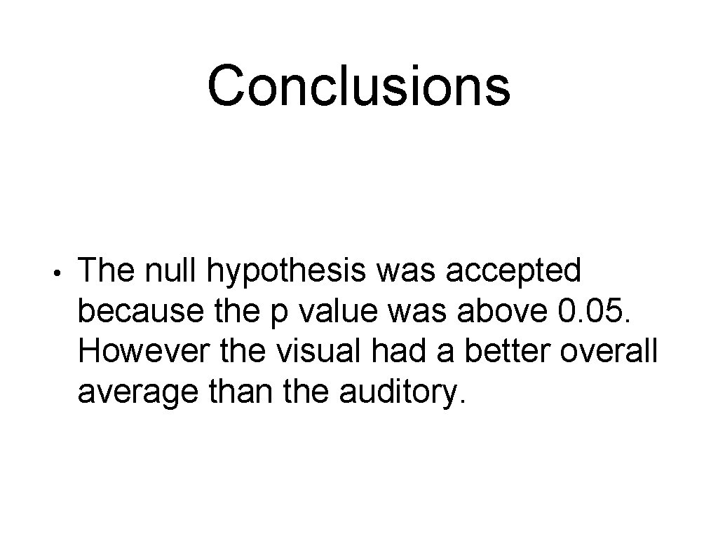 Conclusions • The null hypothesis was accepted because the p value was above 0.