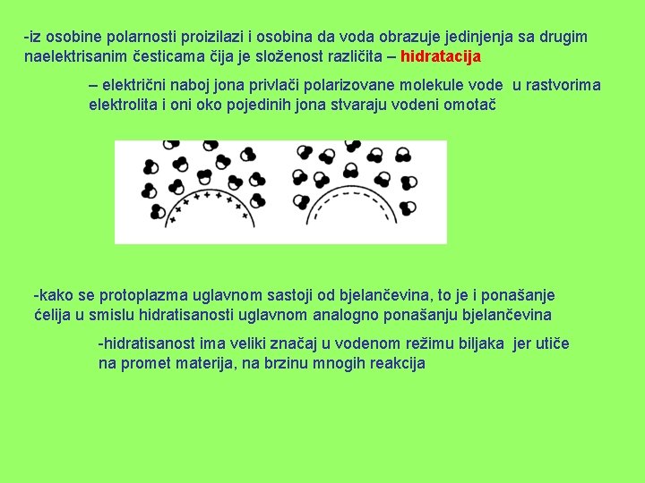 -iz osobine polarnosti proizilazi i osobina da voda obrazuje jedinjenja sa drugim naelektrisanim česticama