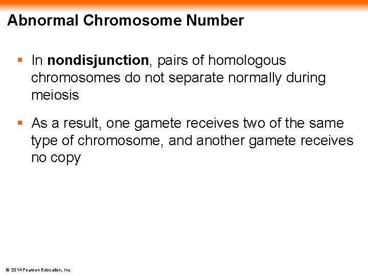 Abnormal Chromosome Number § In nondisjunction, pairs of homologous chromosomes do not separate normally
