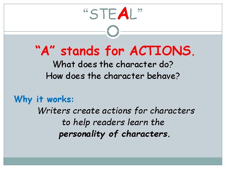 “STEAL” “A” stands for ACTIONS. What does the character do? How does the character