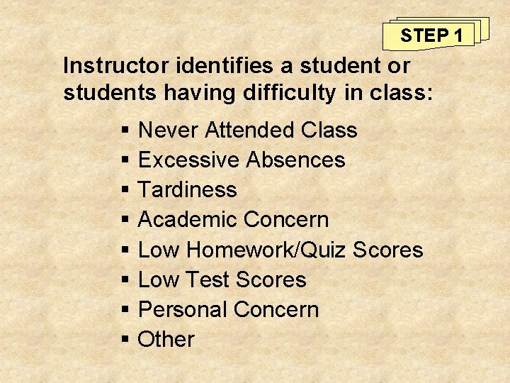 STEP 1 Instructor identifies a student or students having difficulty in class: § §
