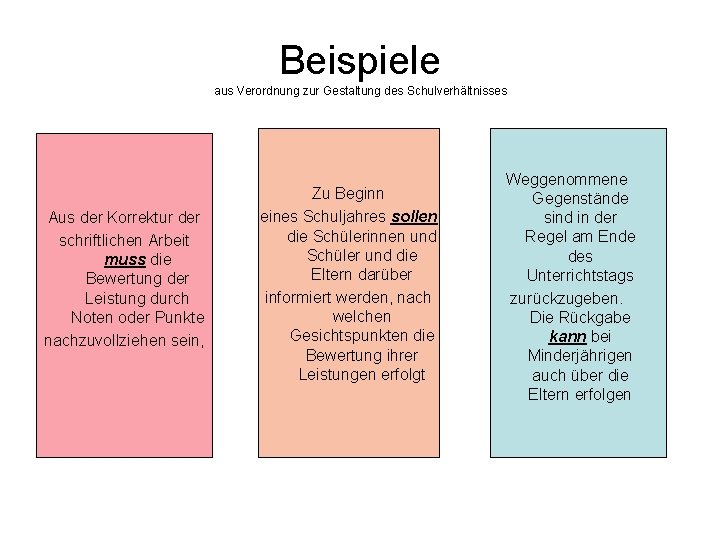 Beispiele aus Verordnung zur Gestaltung des Schulverhältnisses Aus der Korrektur der schriftlichen Arbeit muss