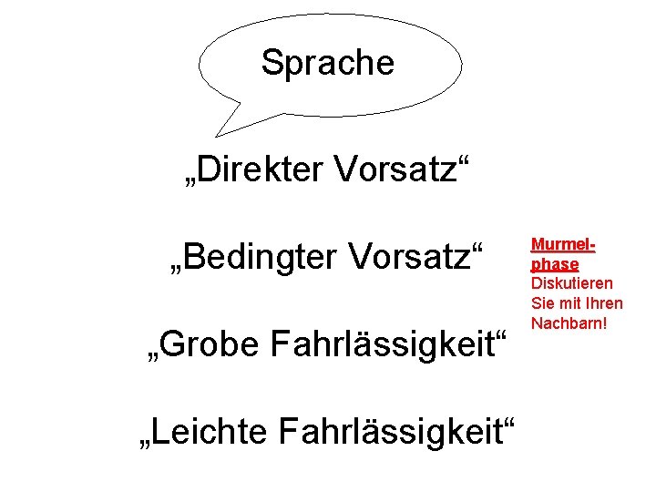 Sprache „Direkter Vorsatz“ „Bedingter Vorsatz“ „Grobe Fahrlässigkeit“ „Leichte Fahrlässigkeit“ Murmel- phase Diskutieren Sie mit