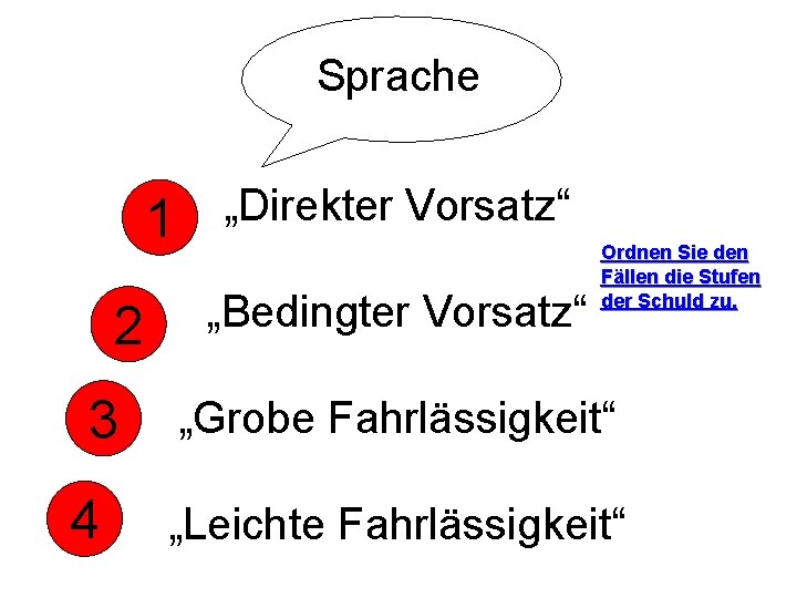 Sprache 1 2 3 4 „Direkter Vorsatz“ „Bedingter Vorsatz“ Ordnen Sie den Fällen die