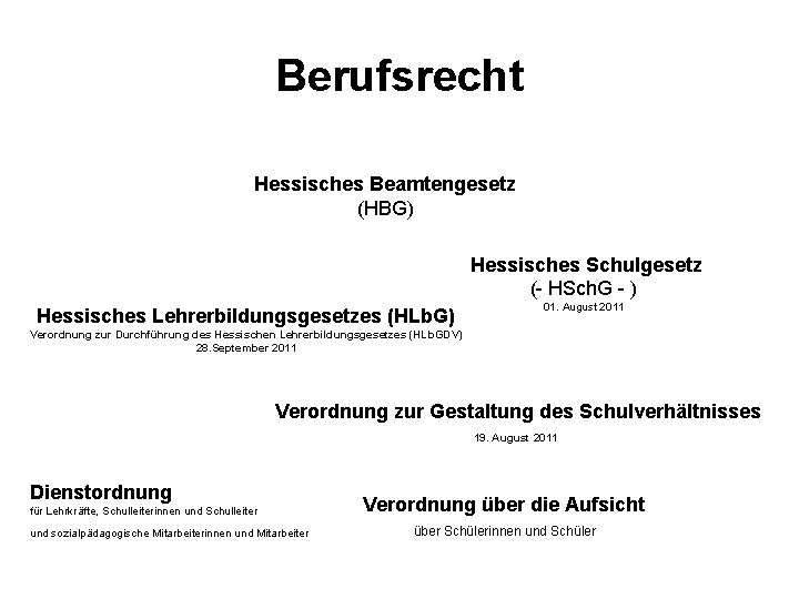 Berufsrecht Hessisches Beamtengesetz (HBG) Hessisches Schulgesetz (- HSch. G - ) Hessisches Lehrerbildungsgesetzes (HLb.