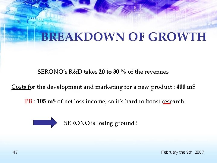 BREAKDOWN OF GROWTH SERONO’s R&D takes 20 to 30 % of the revenues Costs