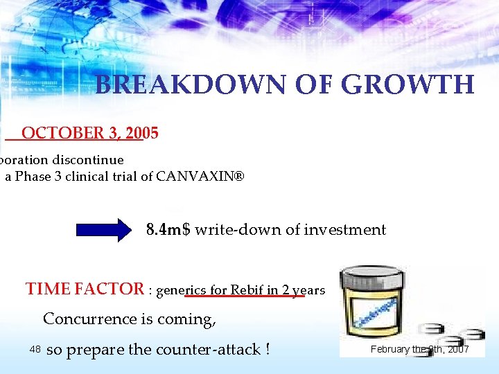 BREAKDOWN OF GROWTH OCTOBER 3, 2005 poration discontinue a Phase 3 clinical trial of
