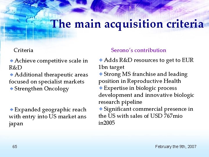 The main acquisition criteria Criteria Achieve competitive scale in R&D Additional therapeutic areas focused