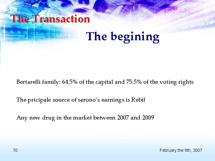 The Transaction The begining Bertarelli family: 64. 5% of the capital and 75. 5%