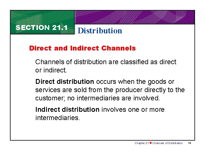 SECTION 21. 1 Distribution Direct and Indirect Channels of distribution are classified as direct