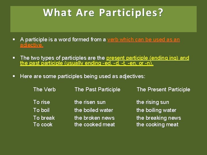 What Are Participles? § A participle is a word formed from a verb which