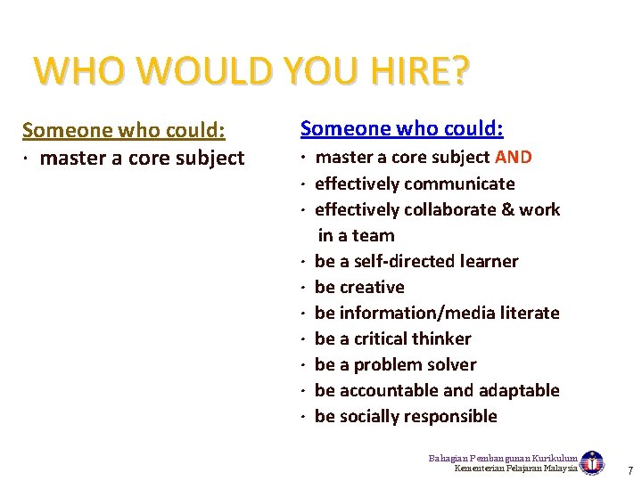 WHO WOULD YOU HIRE? Someone who could: · master a core subject AND ·