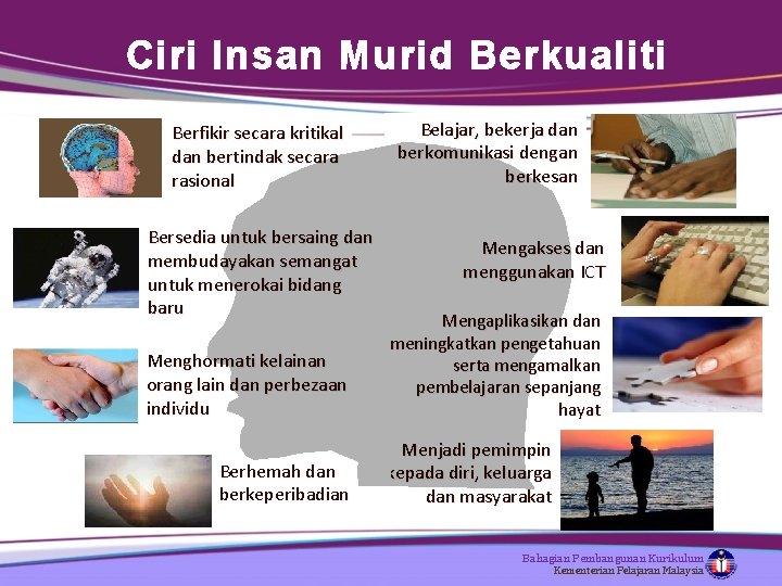 Ciri Insan Murid Berkualiti Berfikir secara kritikal dan bertindak secara rasional Bersedia untuk bersaing