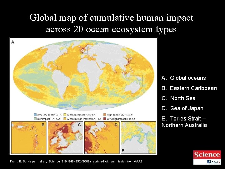 Global map of cumulative human impact across 20 ocean ecosystem types A. Global oceans