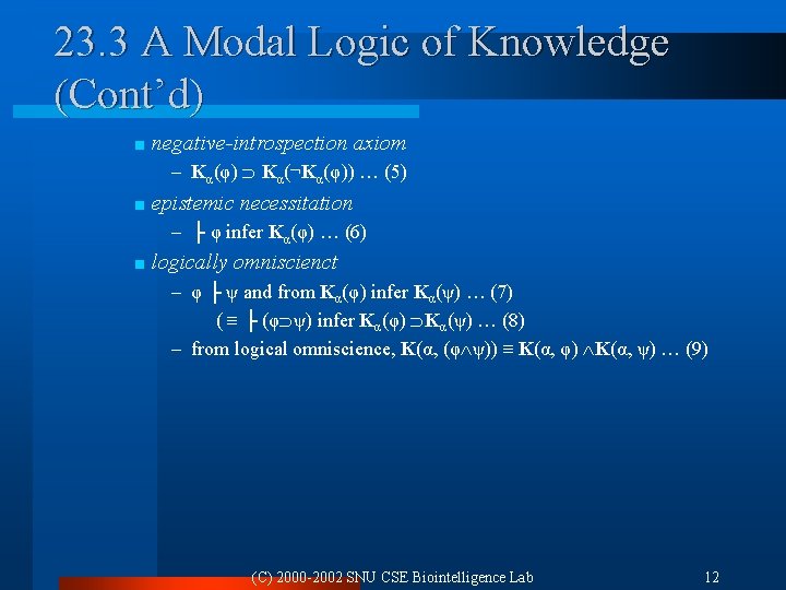 23. 3 A Modal Logic of Knowledge (Cont’d) < negative-introspection axiom – Kα(φ) Kα(¬Kα(φ))