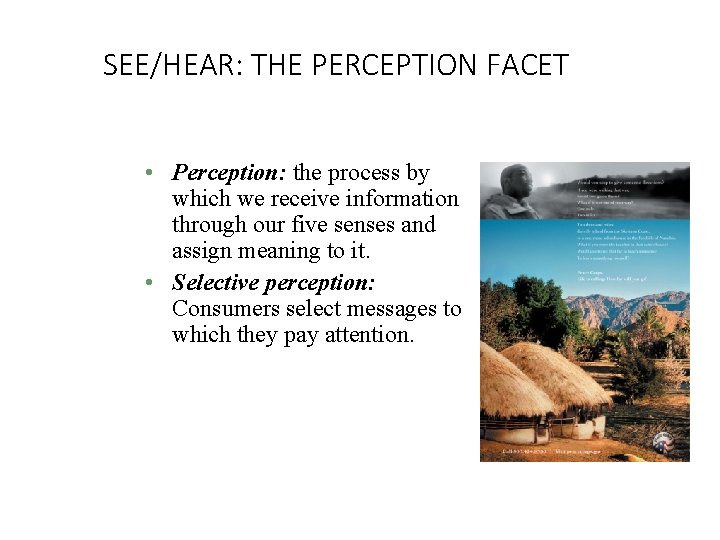 SEE/HEAR: THE PERCEPTION FACET • Perception: the process by which we receive information through