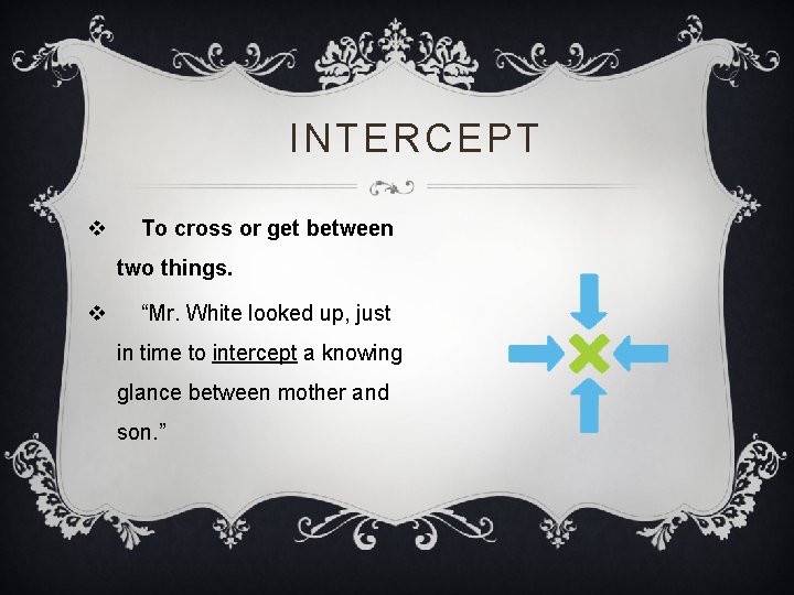 INTERCEPT v To cross or get between two things. v “Mr. White looked up,
