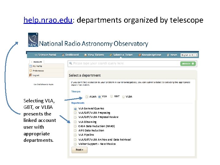 help. nrao. edu: departments organized by telescope Telescopes Selecting VLA, GBT, or VLBA presents