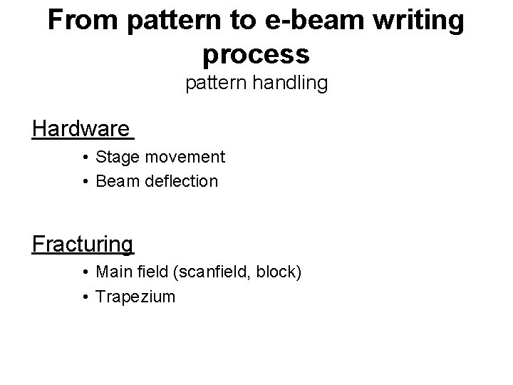 From pattern to e-beam writing process pattern handling Hardware • Stage movement • Beam