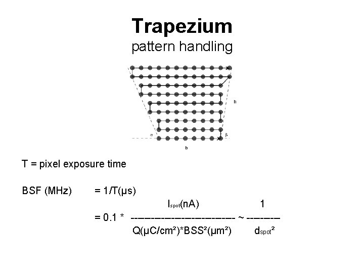 Trapezium pattern handling T = pixel exposure time BSF (MHz) = 1/T(µs) Ispot(n. A)
