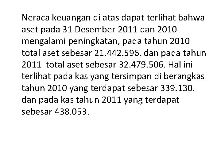 Neraca keuangan di atas dapat terlihat bahwa aset pada 31 Desember 2011 dan 2010