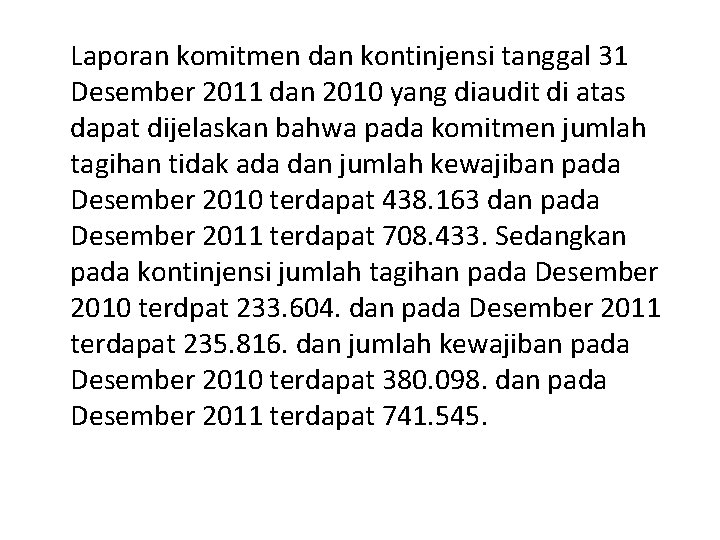Laporan komitmen dan kontinjensi tanggal 31 Desember 2011 dan 2010 yang diaudit di atas