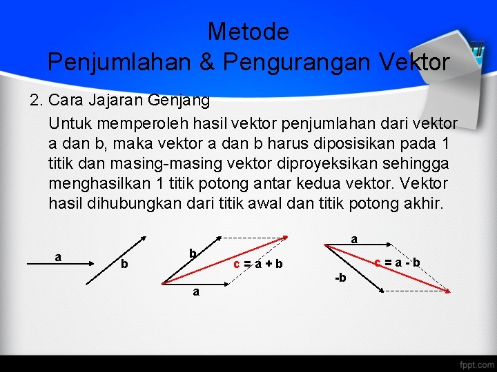 Metode Penjumlahan & Pengurangan Vektor 2. Cara Jajaran Genjang Untuk memperoleh hasil vektor penjumlahan