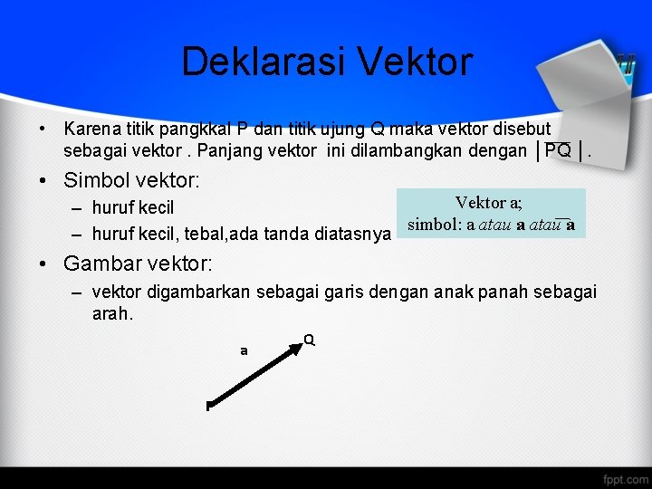 Deklarasi Vektor • Karena titik pangkkal P dan titik ujung Q maka vektor disebut