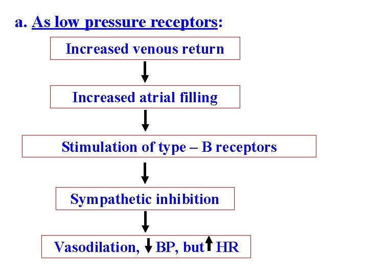 a. As low pressure receptors: Increased venous return Increased atrial filling Stimulation of type