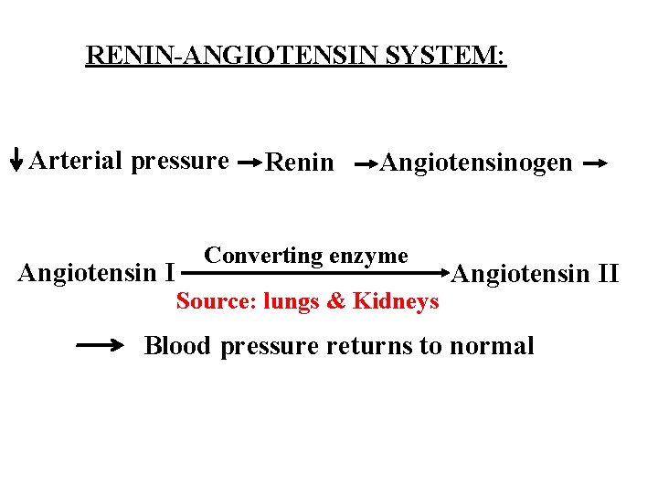 RENIN-ANGIOTENSIN SYSTEM: Arterial pressure Angiotensin I Renin Angiotensinogen Converting enzyme Source: lungs & Kidneys