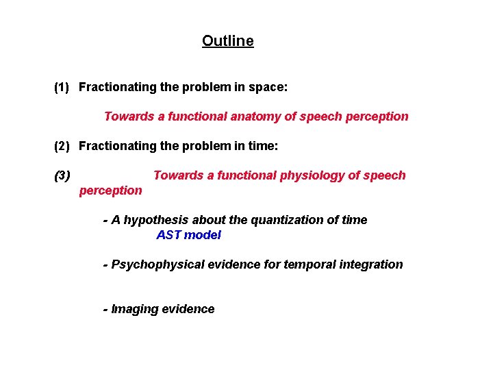Outline (1) Fractionating the problem in space: Towards a functional anatomy of speech perception