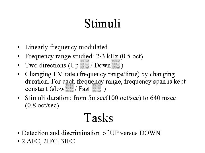 Stimuli • • Linearly frequency modulated Frequency range studied: 2 -3 k. Hz (0.