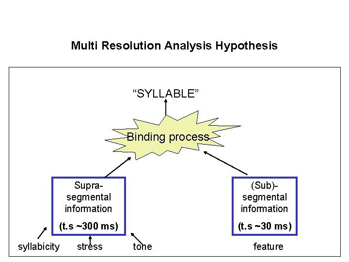 Multi Resolution Analysis Hypothesis “SYLLABLE” Binding process Suprasegmental information (Sub)segmental information (t. s ~300