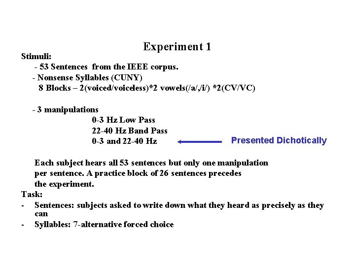 Experiment 1 Stimuli: - 53 Sentences from the IEEE corpus. - Nonsense Syllables (CUNY)