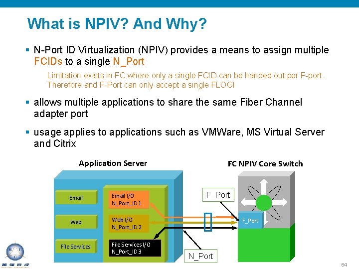 What is NPIV? And Why? § N-Port ID Virtualization (NPIV) provides a means to