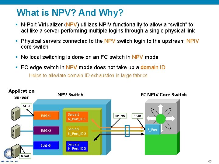 What is NPV? And Why? § N-Port Virtualizer (NPV) utilizes NPIV functionality to allow