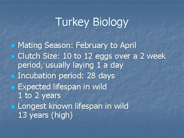 Turkey Biology n n n Mating Season: February to April Clutch Size: 10 to