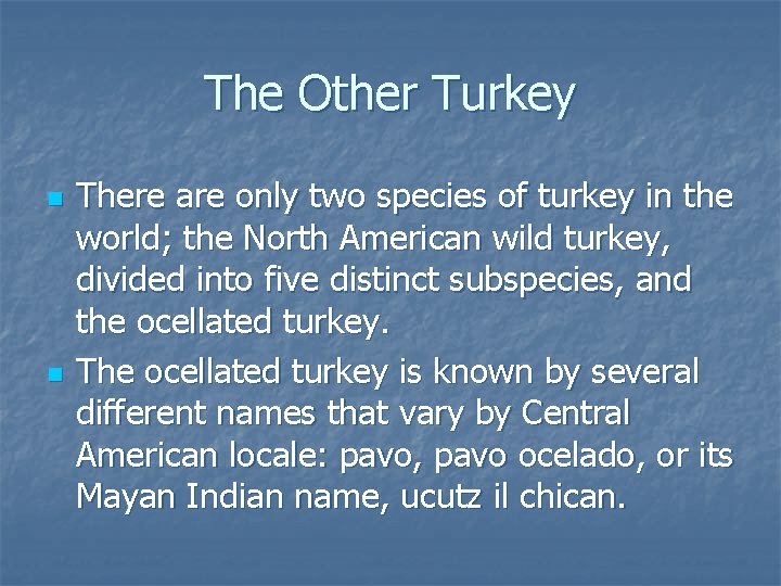 The Other Turkey n n There are only two species of turkey in the