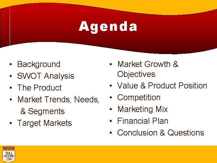 Agenda • • Background SWOT Analysis The Product Market Trends, Needs, & Segments •