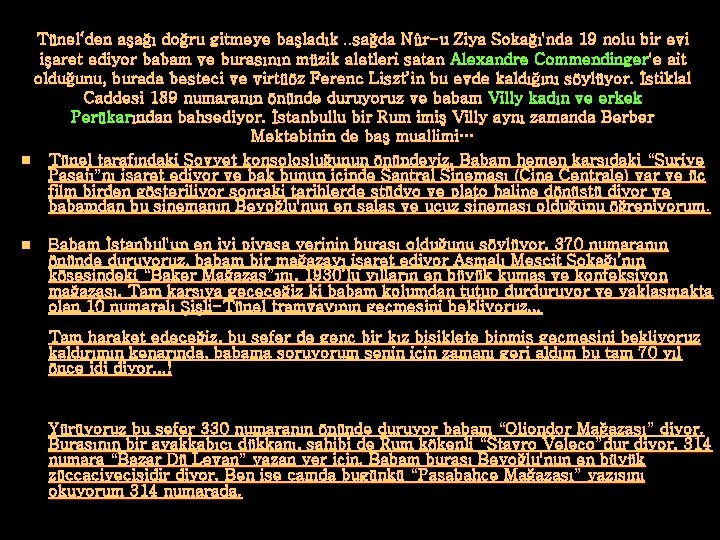 Tünel‘den aşağı doğru gitmeye başladık. . sağda Nûr-u Ziya Sokağı'nda 19 nolu bir evi