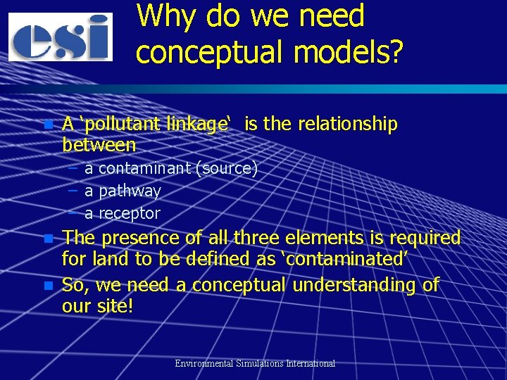 Why do we need conceptual models? n A ‘pollutant linkage‘ is the relationship between