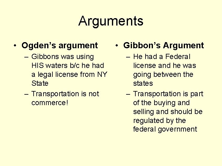 Arguments • Ogden’s argument – Gibbons was using HIS waters b/c he had a