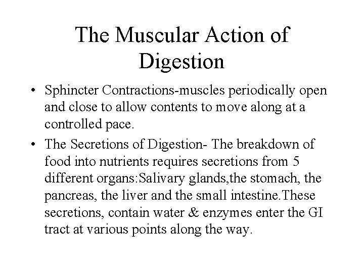 The Muscular Action of Digestion • Sphincter Contractions-muscles periodically open and close to allow