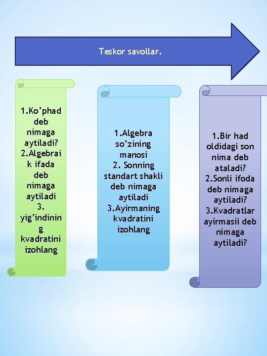 Teskor savollar. 1. Ko’phad deb nimaga aytiladi? 2. Algebrai k ifada deb nimaga aytiladi