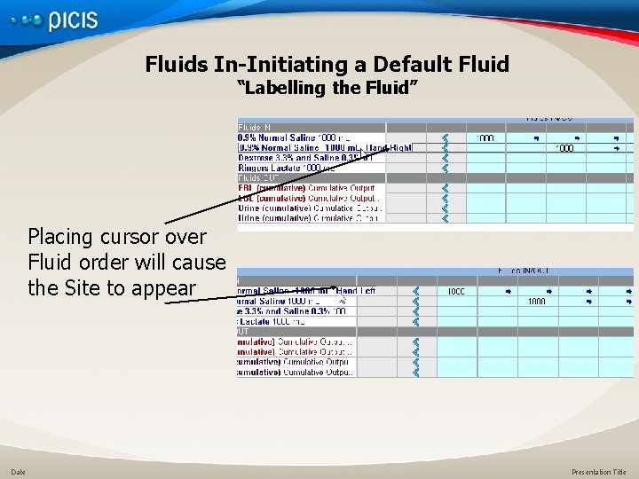 Fluids In-Initiating a Default Fluid “Labelling the Fluid” Placing cursor over Fluid order will