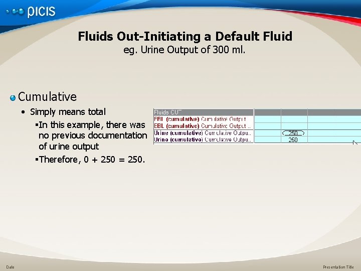 Fluids Out-Initiating a Default Fluid eg. Urine Output of 300 ml. Cumulative • Simply