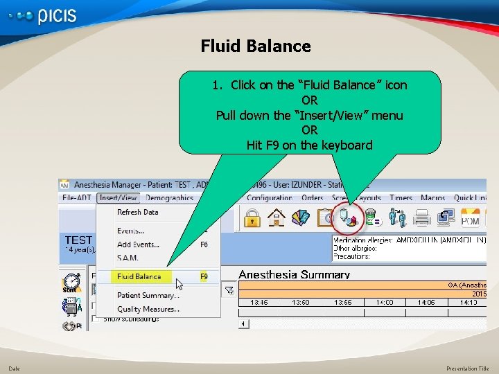 Fluid Balance 1. Click on the “Fluid Balance” icon OR Pull down the “Insert/View”