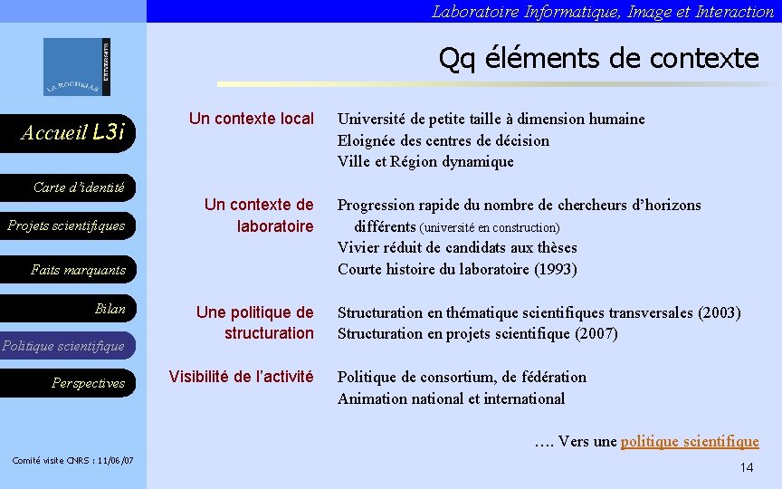 Laboratoire Informatique, Image et Interaction Qq éléments de contexte Accueil L 3 i Carte